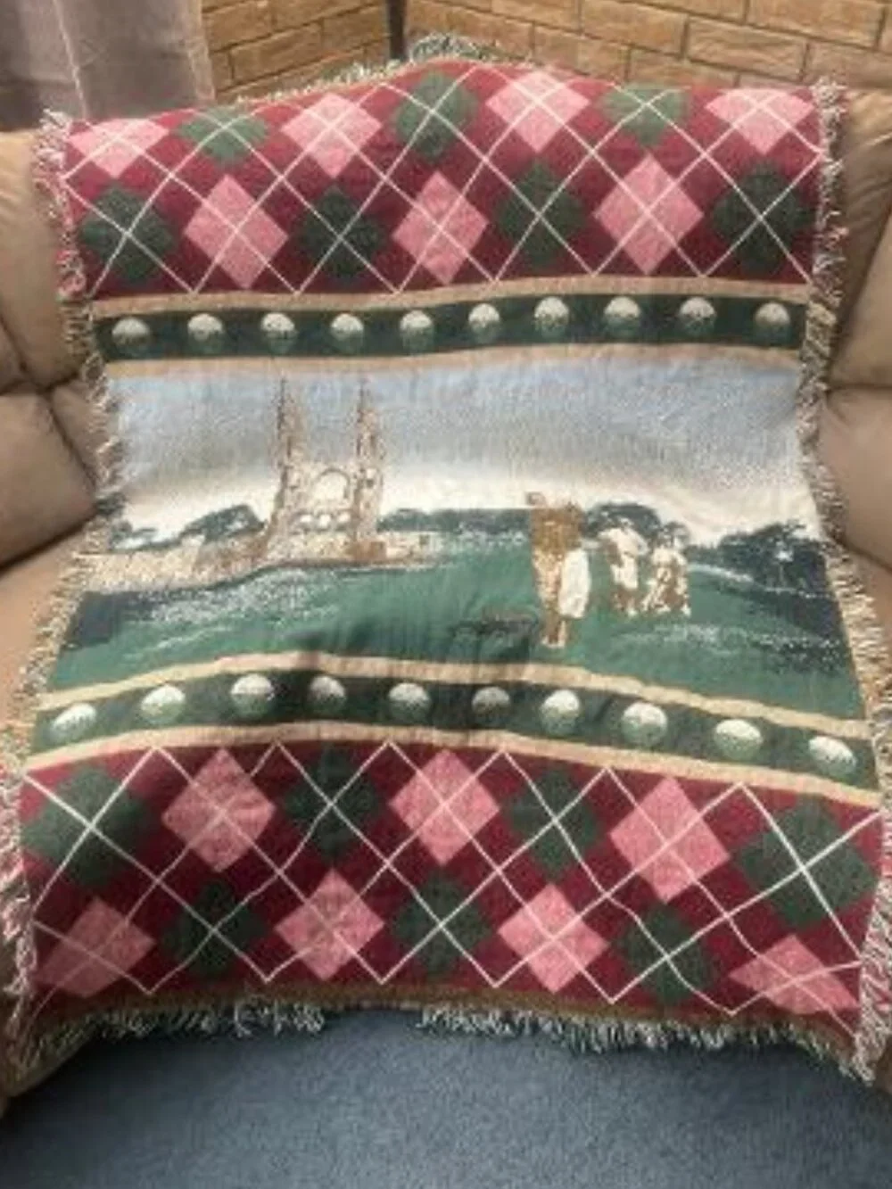 Golf Theme Woven Throw Blanket Fringe Europe Golfer Tapestry Style Vintage